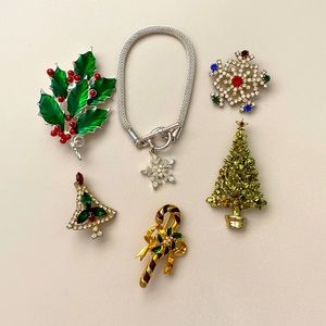 HOLIDAY SET of JEWELRY-Bundle of 5 Asst Pins and 1 charm bracelet